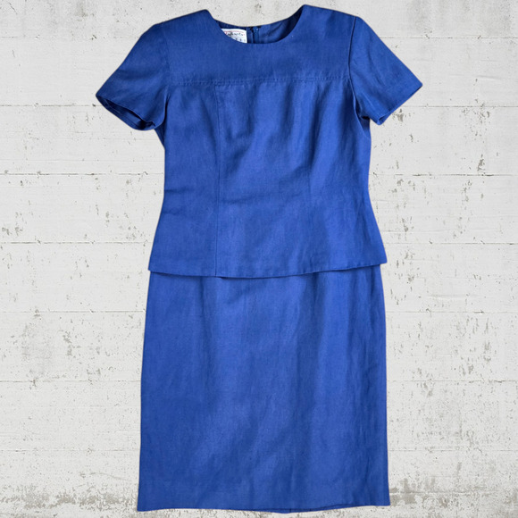 80s Vintage Blue Silk Linen Talbots Classic Peplum Knee Length Dress Size 2P - Picture 1 of 6